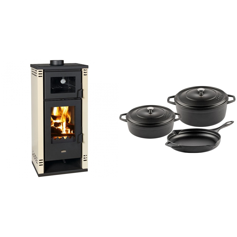 Set Kaminofen, Holzofen mit Backfach Prity K2 GT F, 8.1 kW + Gusseisen Topf Set aus 3 teilen Solagio, Black Onyx
