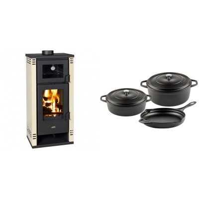 Set Kaminofen, Holzofen mit Backfach Prity K2 GT F, 8.1 kW + Gusseisen Topf Set aus 3 teilen Solagio, Black Onyx - Kaminofen - Holzofen mit Backfach