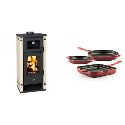 Set Kaminofen, Holzofen mit Backfach Prity K2 GT F, 8.1 kW + Gusseisen Topf Set aus 3 teilen Solagio, Rubin - Kaminofen - Holzofen mit Backfach