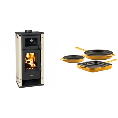 Set Kaminofen, Holzofen mit Backfach Prity K2 GT F, 8.1 kW + Gusseisen Topf Set aus 3 teilen Solagio, Dijon - Kaminofen - Holzofen mit Backfach