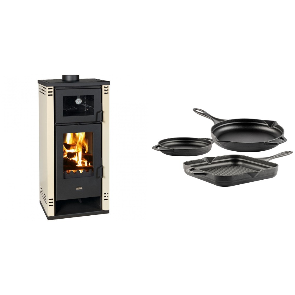 Set Kaminofen, Holzofen mit Backfach Prity K2 GT F, 8.1 kW + Gusseisen Topf Set aus 3 teilen Solagio, Black Onyx