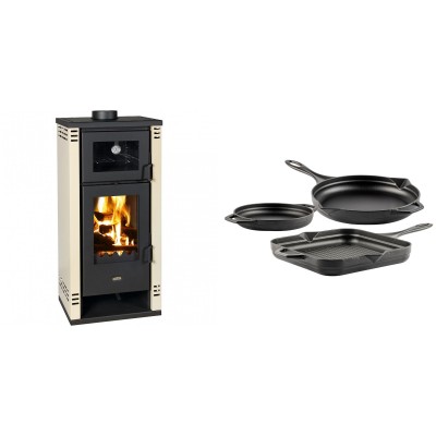 Set Kaminofen, Holzofen mit Backfach Prity K2 GT F, 8.1 kW + Gusseisen Topf Set aus 3 teilen Solagio, Black Onyx - Kaminofen - Holzofen mit Backfach