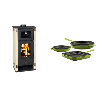 Set Kaminofen, Holzofen mit Backfach Prity K2 GT F, 8.1 kW + Gusseisen Topf Set aus 3 teilen Solagio, Bamboo - Kaminofen - Holzofen mit Backfach