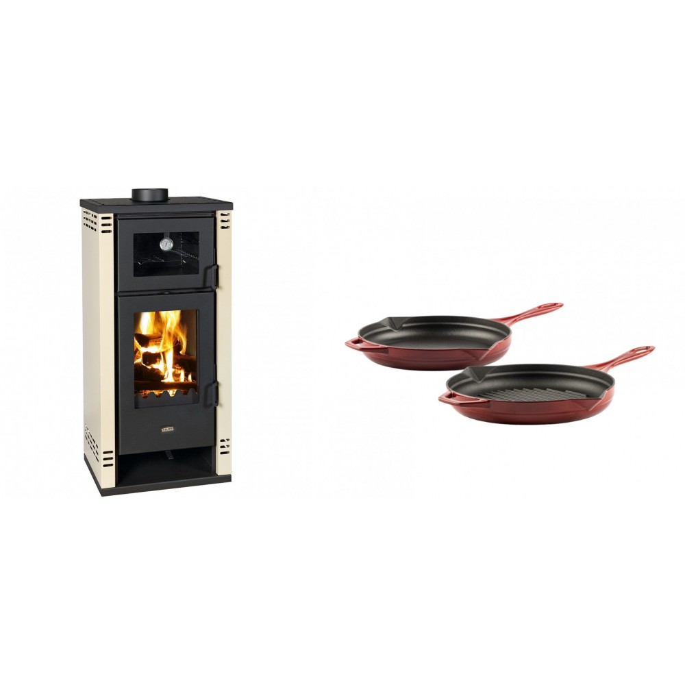 Set Kaminofen, Holzofen mit Backfach Prity K2 GT F, 8.1 kW + Gusseisen Topf Set aus 2 teilen Solagio, Rubin