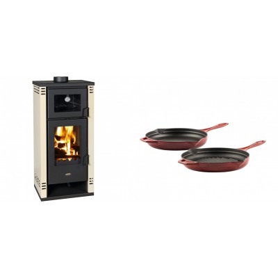 Set Kaminofen, Holzofen mit Backfach Prity K2 GT F, 8.1 kW + Gusseisen Topf Set aus 2 teilen Solagio, Rubin - Kaminofen - Holzofen mit Backfach