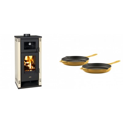 Set Kaminofen, Holzofen mit Backfach Prity K2 GT F, 8.1 kW + Gusseisen Topf Set aus 2 teilen Solagio, Dijon - Kaminofen - Holzofen mit Backfach