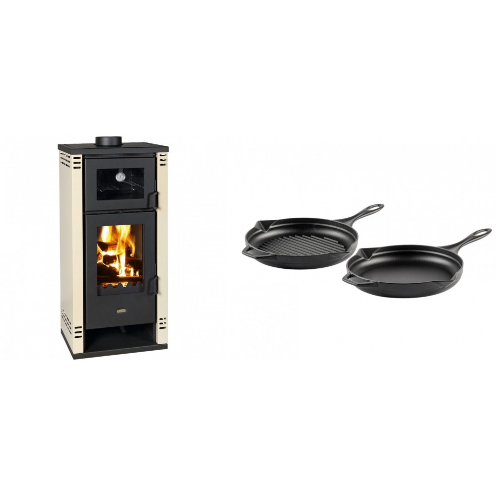 Set Kaminofen, Holzofen mit Backfach Prity K2 GT F, 8.1 kW + Gusseisen Topf Set aus 2 teilen Solagio, Black Onyx