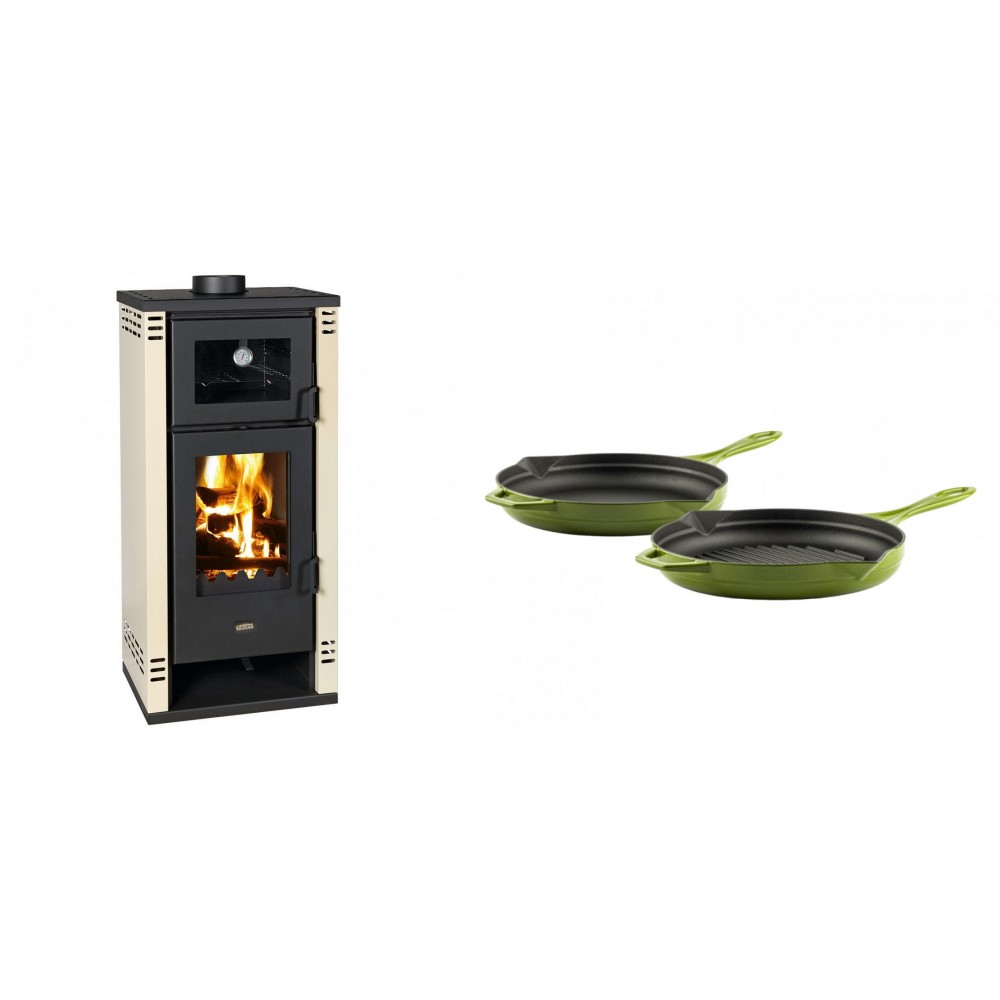 Set Kaminofen, Holzofen mit Backfach Prity K2 GT F, 8.1 kW + Gusseisen Topf Set aus 2 teilen Solagio, Bamboo