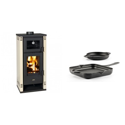 Set Kaminofen, Holzofen mit Backfach Prity K2 GT F, 8.1 kW + Gusseisen Topf Set aus 2 teilen Solagio, Black Onyx - Kaminofen - Holzofen mit Backfach
