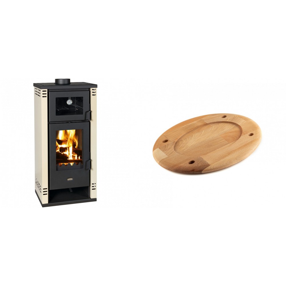 Set Kaminofen, Holzofen mit Backfach Prity K2 GT F, 8.1 kW + Holz untersetzer für ovale platte Solagio HSOISK2533, 25x33cm | Holzofen | Kaminofen |