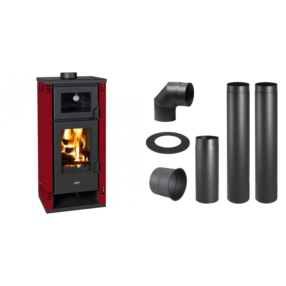 Set Kaminofen, Holzofen mit Backfach Prity K2 GT F Rot, 8.1 kW + Schornstein Bausatz PARKANEX, Stahl Ø150, Dicke 2mm