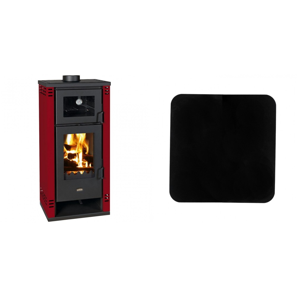 Set Kaminofen, Holzofen mit Backfach Prity K2 GT F Rot, 8.1 kW + Funkenschutzplatte Stahl 2mm, Größe 98x98cm