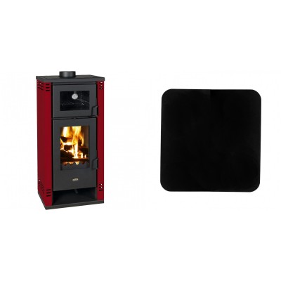 Set Kaminofen, Holzofen mit Backfach Prity K2 GT F Rot, 8.1 kW + Funkenschutzplatte Stahl 2mm, Größe 98x98cm - Kaminofen - Holzofen mit Backfach