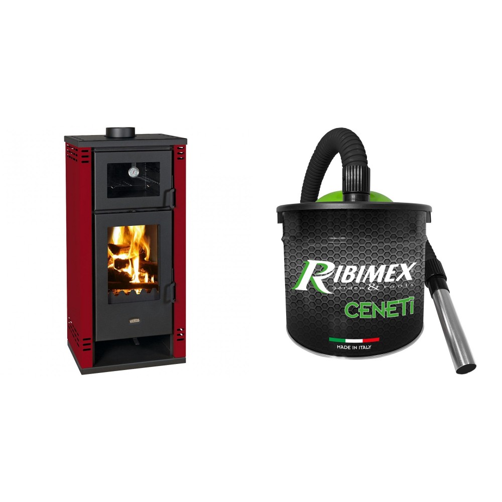 Set Kaminofen, Holzofen mit Backfach Prity K2 GT F Rot, 8.1 kW + Elektrischer Aschesauger Ribimex, Modell Cenetì, Fassungsvermögen 15 L | Holzofen | Kaminofen |