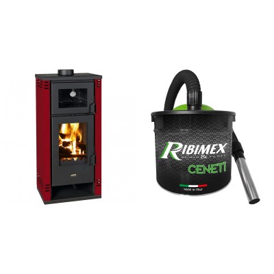 Set Kaminofen, Holzofen mit Backfach Prity K2 GT F Rot, 8.1 kW + Elektrischer Aschesauger Ribimex, Modell Cenetì, Fassungsvermögen 15 L - Produktvergleich