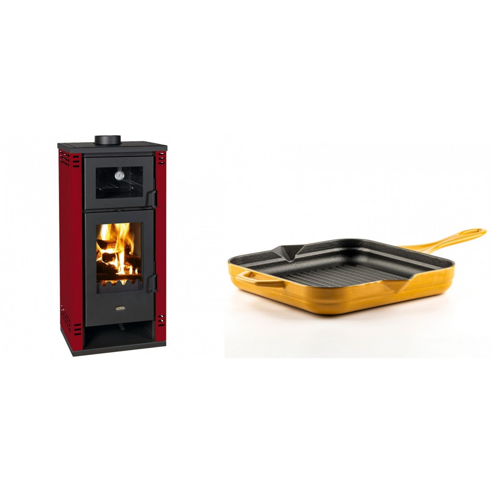 Set Kaminofen, Holzofen mit Backfach Prity K2 GT F Rot, 8.1 kW + Emaillierte grillpfanne Gusseisen Solagio, Dijon, 28х28cm