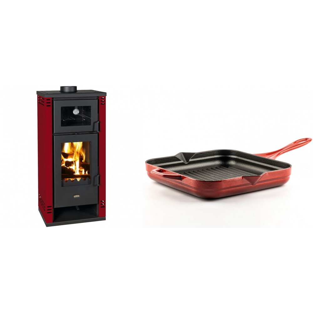 Set Kaminofen, Holzofen mit Backfach Prity K2 GT F Rot, 8.1 kW + Emaillierte grillpfanne Gusseisen Solagio, Rubin, 28x28cm