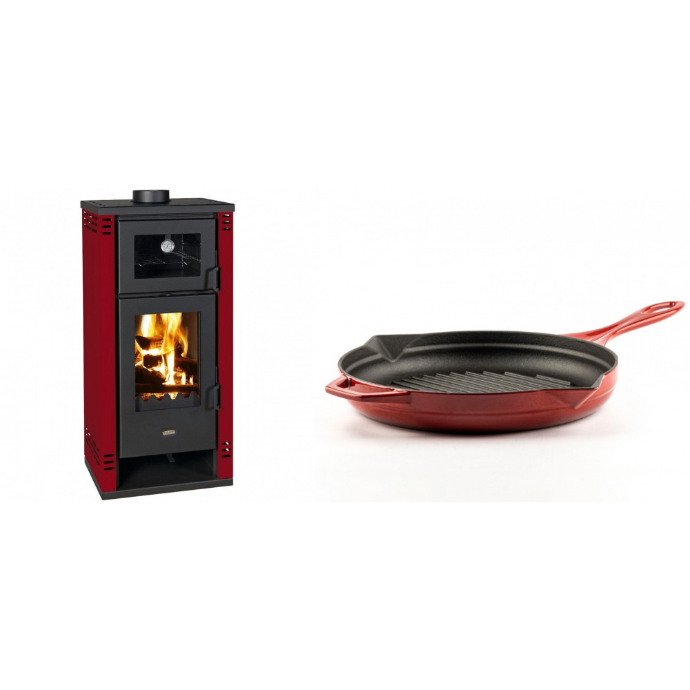Set Kaminofen, Holzofen mit Backfach Prity K2 GT F Rot, 8.1 kW + Emaillierte grillpfanne Gusseisen Solagio, Rubin, Ф28cm | Holzofen | Kaminofen |