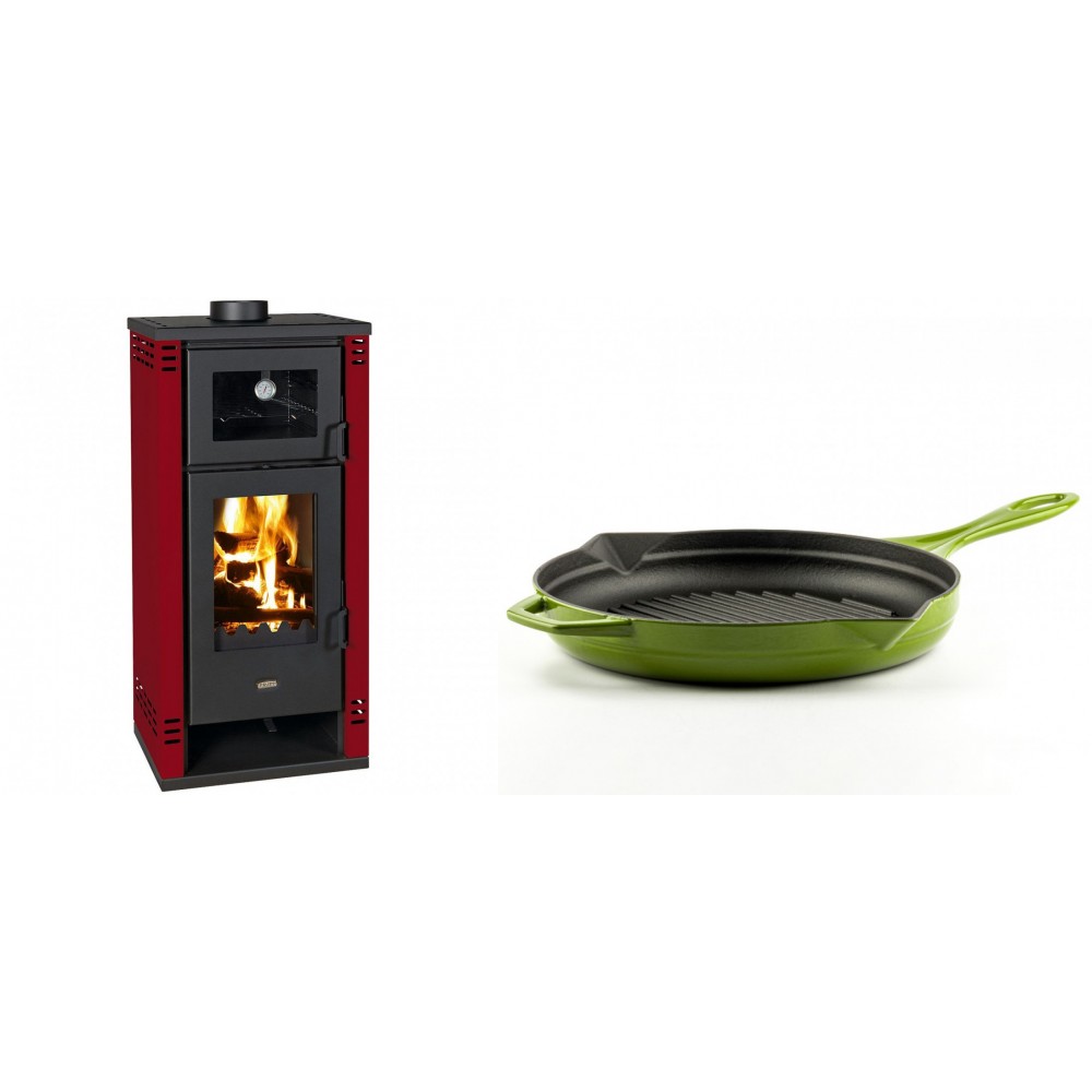 Set Kaminofen, Holzofen mit Backfach Prity K2 GT F Rot, 8.1 kW + Emaillierte grillpfanne Gusseisen Solagio, Bamboo, Ф28cm