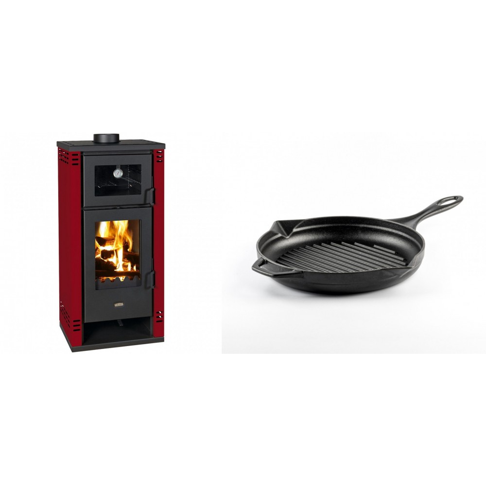 Set Kaminofen, Holzofen mit Backfach Prity K2 GT F Rot, 8.1 kW + Emaillierte grillpfanne Gusseisen Solagio, Black Onyx, Ф24cm | Holzofen | Kaminofen |