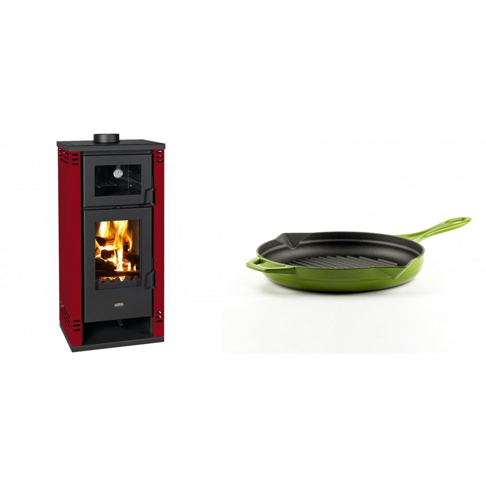 Set Kaminofen, Holzofen mit Backfach Prity K2 GT F Rot, 8.1 kW + Emaillierte grillpfanne Gusseisen Solagio, Bamboo, Ф24cm