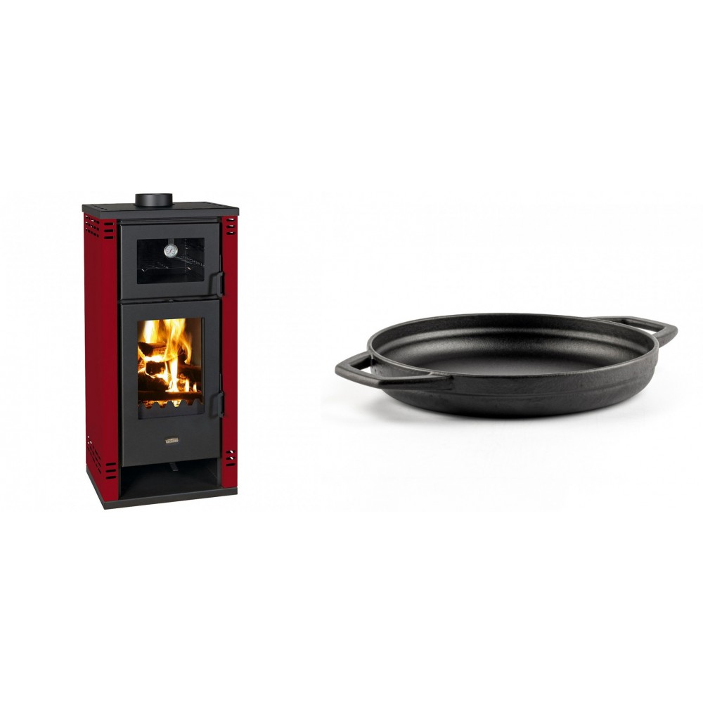 Set Kaminofen, Holzofen mit Backfach Prity K2 GT F Rot, 8.1 kW + Emaillierte gusseisenpfanne mit zwei Griffen Solagio, Black Onyx, Ф22cm | Holzofen | Kaminofen |