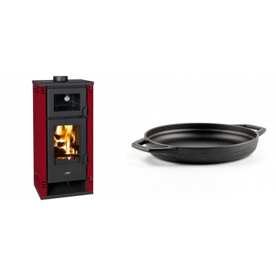 Set Kaminofen, Holzofen mit Backfach Prity K2 GT F Rot, 8.1 kW + Emaillierte gusseisenpfanne mit zwei Griffen Solagio, Black Onyx, Ф22cm - Kaminofen - Holzofen mit Backfach
