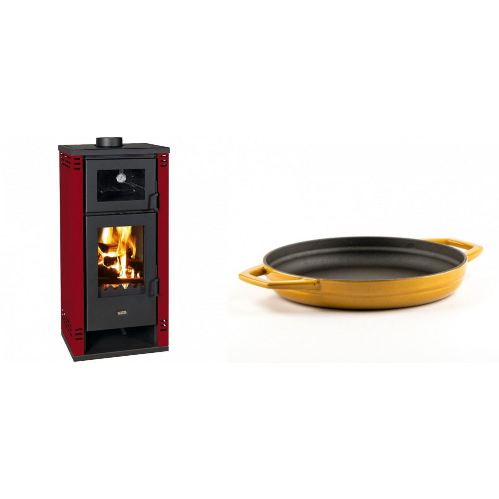 Set Kaminofen, Holzofen mit Backfach Prity K2 GT F Rot, 8.1 kW + Emaillierte gusseisenpfanne mit zwei Griffen Solagio, Dijon, Ф22cm | Holzofen | Kaminofen |