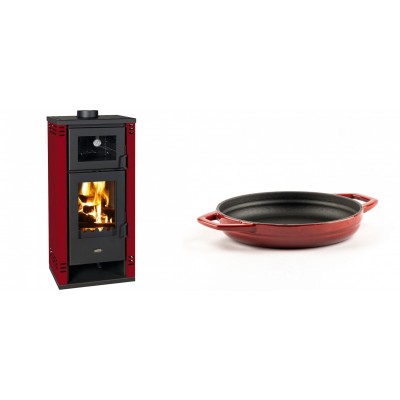Set Kaminofen, Holzofen mit Backfach Prity K2 GT F Rot, 8.1 kW + Emaillierte gusseisenpfanne mit zwei Griffen Solagio, Rubin, Ф19cm - Kaminofen - Holzofen mit Backfach