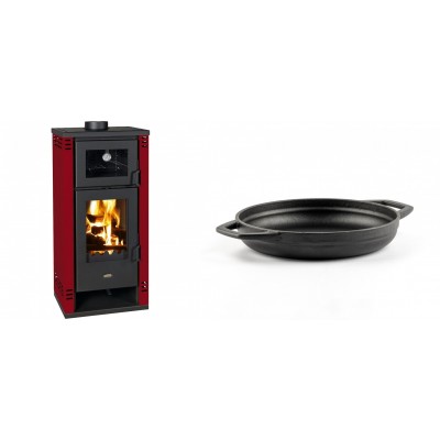 Set Kaminofen, Holzofen mit Backfach Prity K2 GT F Rot, 8.1 kW + Emaillierte gusseisenpfanne mit zwei Griffen Solagio, Black Onyx, Ф19cm - Kaminofen - Holzofen mit Backfach