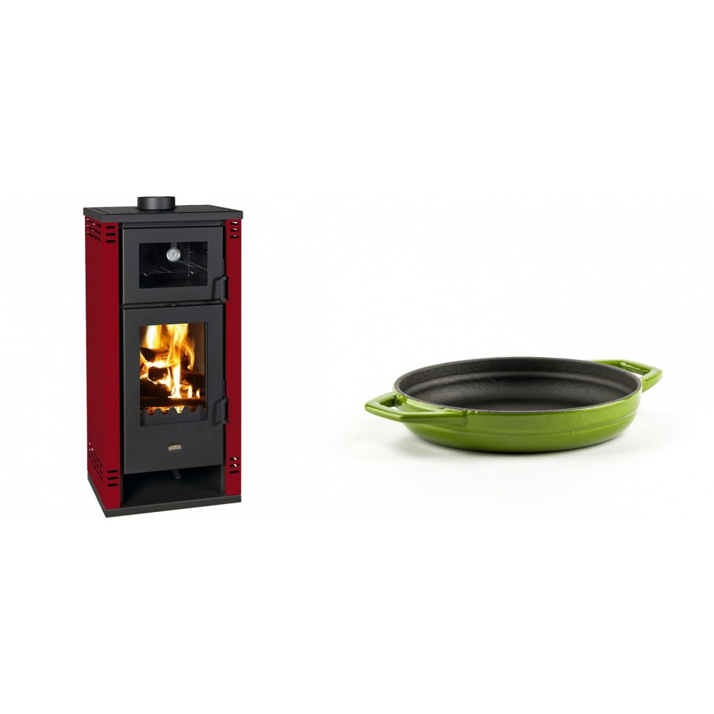 Set Kaminofen, Holzofen mit Backfach Prity K2 GT F Rot, 8.1 kW + Emaillierte gusseisenpfanne mit zwei Griffen Solagio, Bamboo, Ф16cm