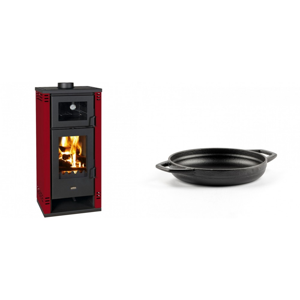 Set Kaminofen, Holzofen mit Backfach Prity K2 GT F Rot, 8.1 kW + Emaillierte gusseisenpfanne mit zwei Griffen Solagio, Black Onyx, Ф16cm