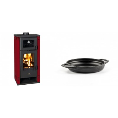 Set Kaminofen, Holzofen mit Backfach Prity K2 GT F Rot, 8.1 kW + Emaillierte gusseisenpfanne mit zwei Griffen Solagio, Black Onyx, Ф16cm - Kaminofen - Holzofen mit Backfach