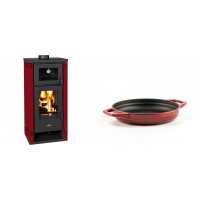 Set Kaminofen, Holzofen mit Backfach Prity K2 GT F Rot, 8.1 kW + Emaillierte gusseisenpfanne mit zwei Griffen Solagio, Rubin, Ф16cm - Kaminofen - Holzofen mit Backfach
