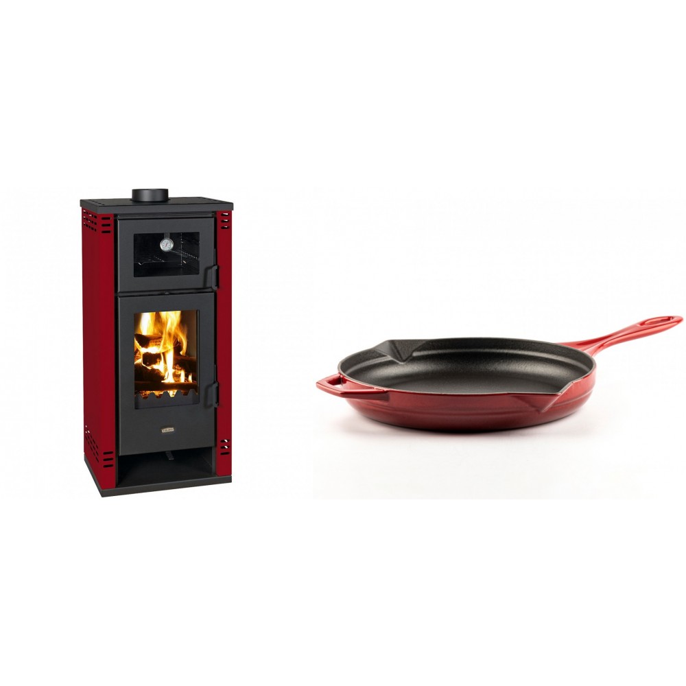 Set Kaminofen, Holzofen mit Backfach Prity K2 GT F Rot, 8.1 kW + Emaillierte Gusseisenpfanne Solagio, Rubin, Ф28cm