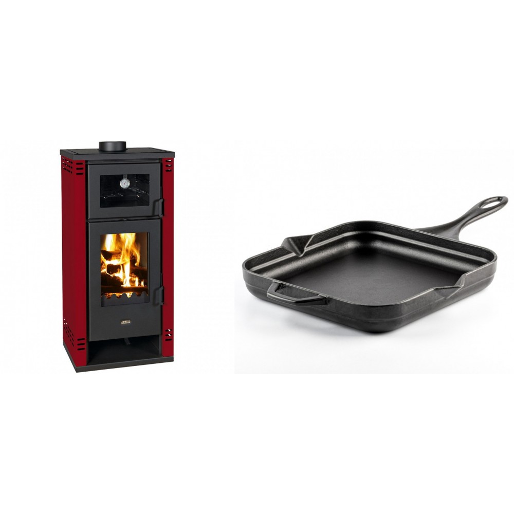 Set Kaminofen, Holzofen mit Backfach Prity K2 GT F Rot, 8.1 kW + Emaillierte Gusseisenpfanne Solagio, Black Onyx, 28x28cm | Holzofen | Kaminofen |