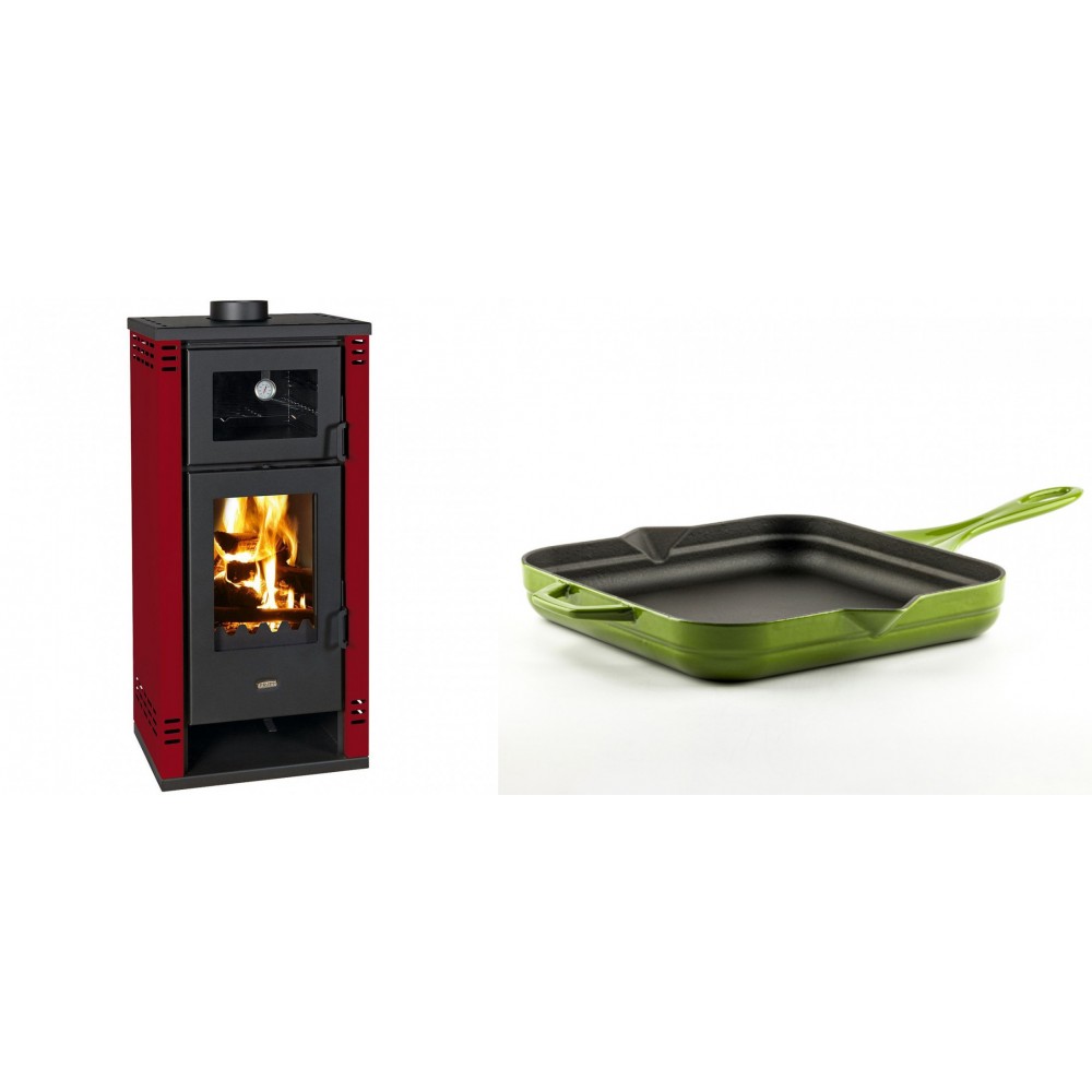 Set Kaminofen, Holzofen mit Backfach Prity K2 GT F Rot, 8.1 kW + Emaillierte Gusseisenpfanne Solagio, Bamboo, 28x28cm