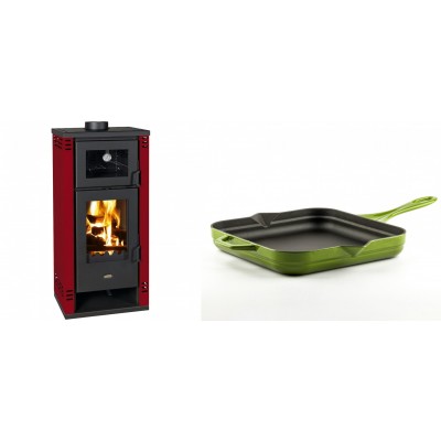 Set Kaminofen, Holzofen mit Backfach Prity K2 GT F Rot, 8.1 kW + Emaillierte Gusseisenpfanne Solagio, Bamboo, 28x28cm - Kaminofen - Holzofen mit Backfach