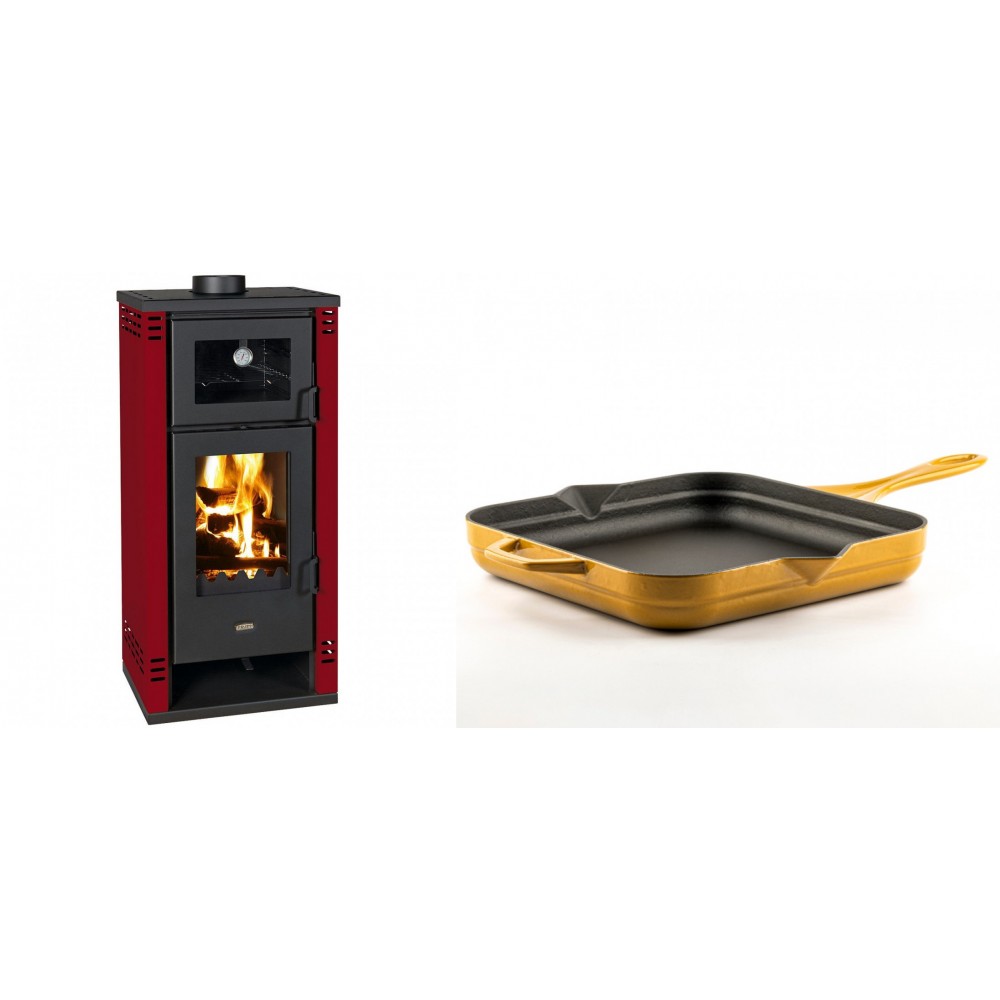 Set Kaminofen, Holzofen mit Backfach Prity K2 GT F Rot, 8.1 kW + Emaillierte Gusseisenpfanne Solagio, Dijon, 28x28cm | Holzofen | Kaminofen |
