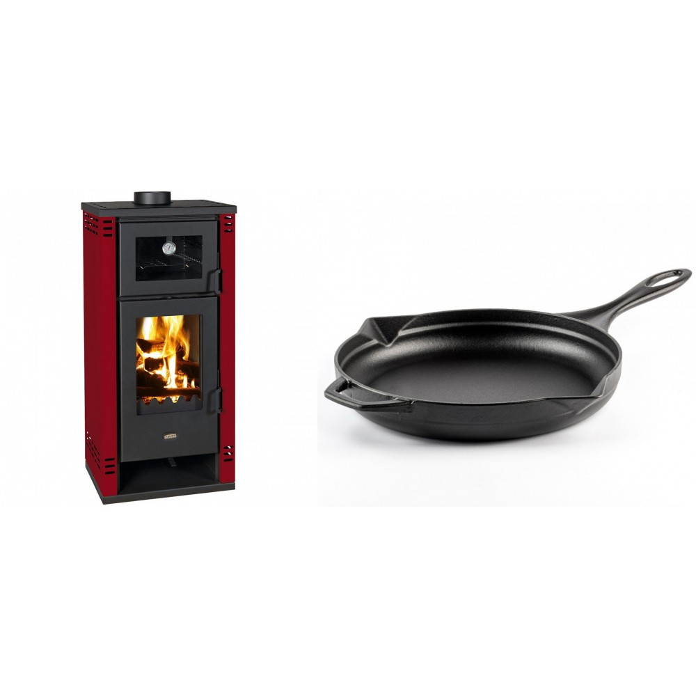 Set Kaminofen, Holzofen mit Backfach Prity K2 GT F Rot, 8.1 kW + Emaillierte Gusseisenpfanne Solagio, Black Onyx, Ф28cm