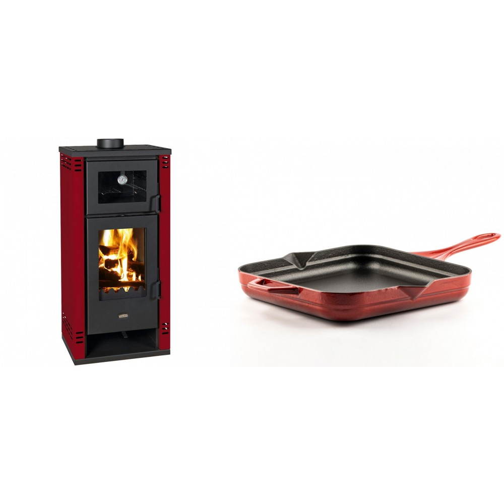 Set Kaminofen, Holzofen mit Backfach Prity K2 GT F Rot, 8.1 kW + Emaillierte Gusseisenpfanne Solagio, Rubin, 28x28cm | Holzofen | Kaminofen |