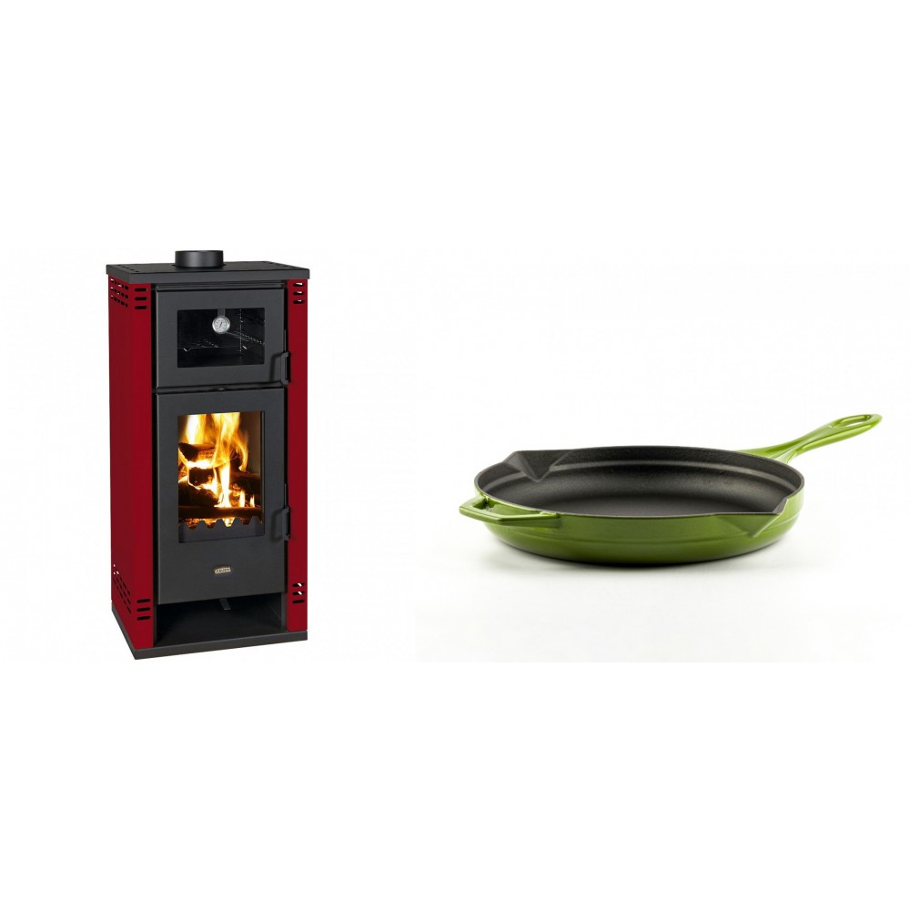 Set Kaminofen, Holzofen mit Backfach Prity K2 GT F Rot, 8.1 kW + Emaillierte Gusseisenpfanne Solagio, Bamboo, Ф24cm