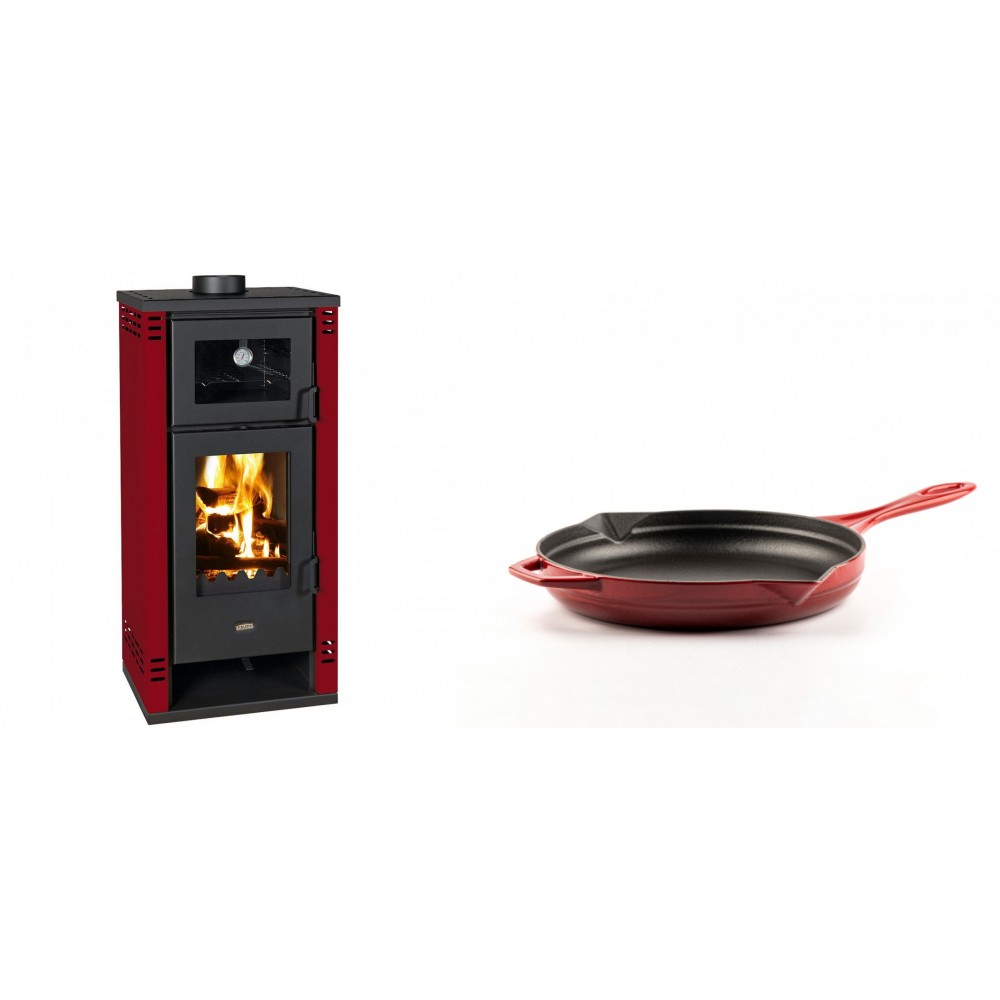 Set Kaminofen, Holzofen mit Backfach Prity K2 GT F Rot, 8.1 kW + Emaillierte Gusseisenpfanne Solagio, Rubin, Ф24cm