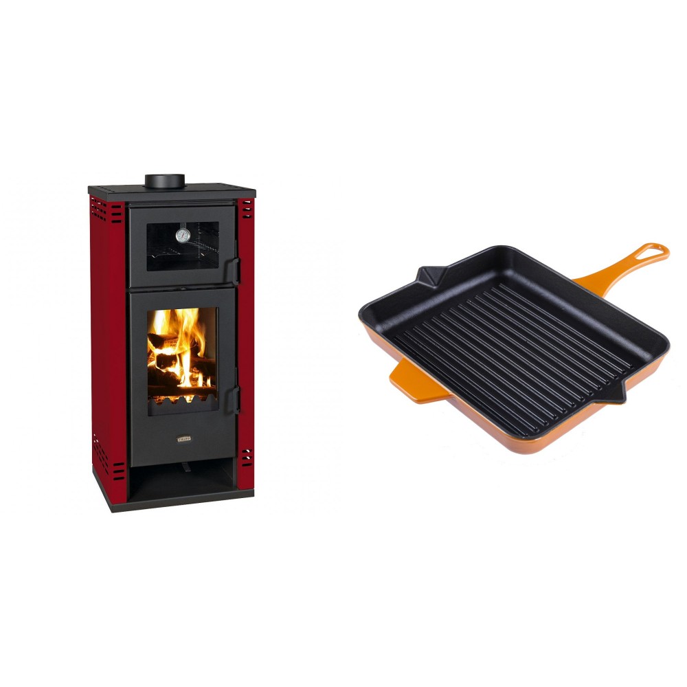 Set Kaminofen, Holzofen mit Backfach Prity K2 GT F Rot, 8.1 kW + Emaillierte grillpfanne Gusseisen Solagio, Dijon, 26x32cm