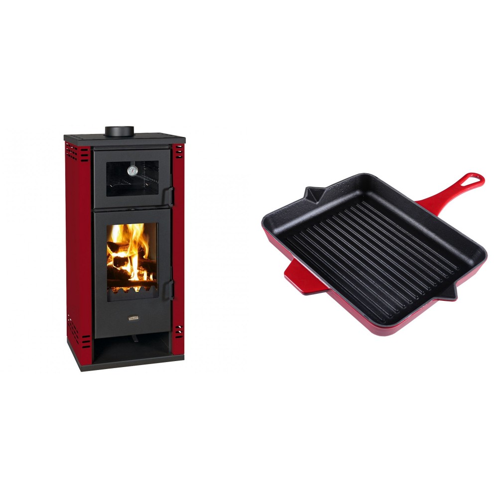 Set Kaminofen, Holzofen mit Backfach Prity K2 GT F Rot, 8.1 kW + Emaillierte grillpfanne Gusseisen Solagio, Rubin, 26x32cm | Holzofen | Kaminofen |