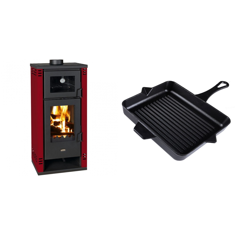 Set Kaminofen, Holzofen mit Backfach Prity K2 GT F Rot, 8.1 kW + Emaillierte grillpfanne Gusseisen Solagio, Black Onyx, 26x32cm