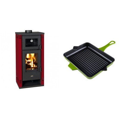Set Kaminofen, Holzofen mit Backfach Prity K2 GT F Rot, 8.1 kW + Emaillierte grillpfanne Gusseisen Solagio, Bamboo, 26x32cm - Produktvergleich