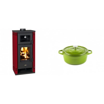 Set Kaminofen, Holzofen mit Backfach Prity K2 GT F Rot, 8.1 kW + Gusseisen Topf Tiefer Solagio, Bamboo, Ф12 - Kaminofen - Holzofen mit Backfach