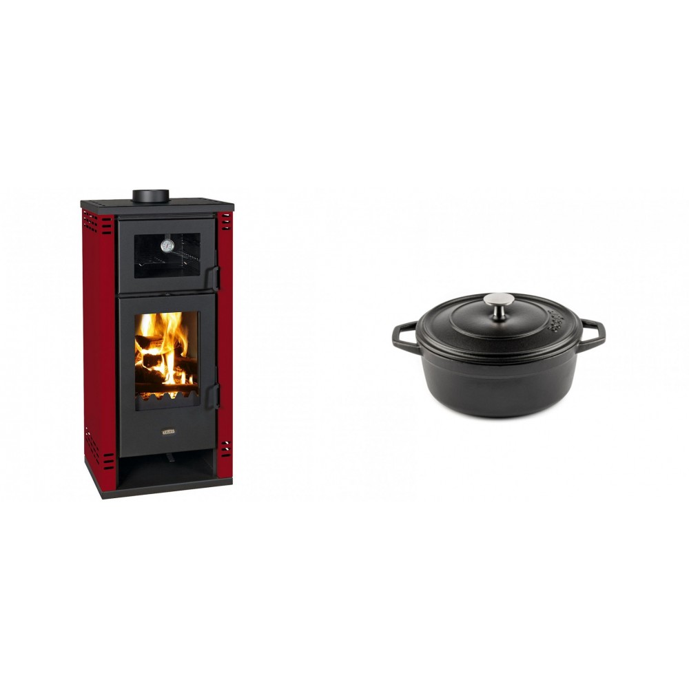Set Kaminofen, Holzofen mit Backfach Prity K2 GT F Rot, 8.1 kW + Gusseisen Topf Tiefer Solagio, Black Onyx, Ф12