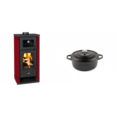 Set Kaminofen, Holzofen mit Backfach Prity K2 GT F Rot, 8.1 kW + Gusseisen Topf Tiefer Solagio, Black Onyx, Ф12 - Kaminofen - Holzofen mit Backfach